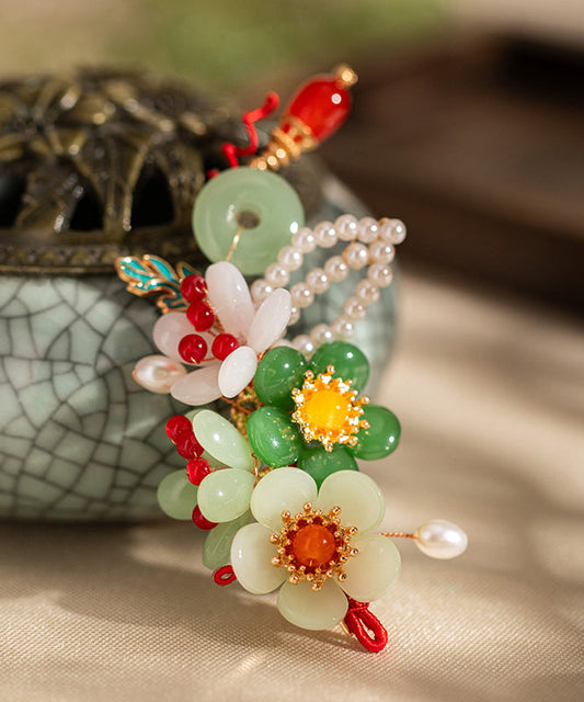 Épingle à cheveux rétro multicolore en alliage de jade et perles à pompon floral - Amawinc