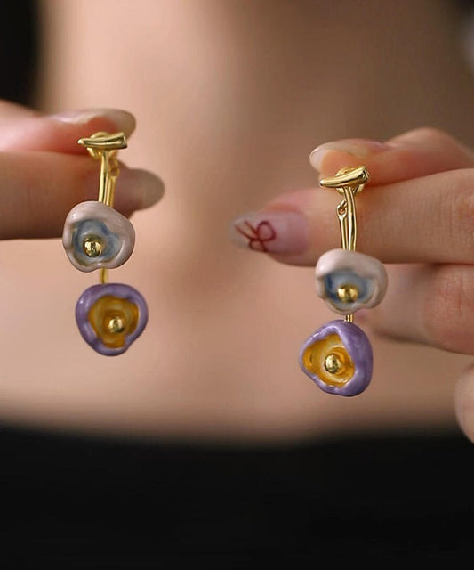 Boucles d'oreilles pendantes rétro multicolores en cuivre doré et émail floral - Amawinc