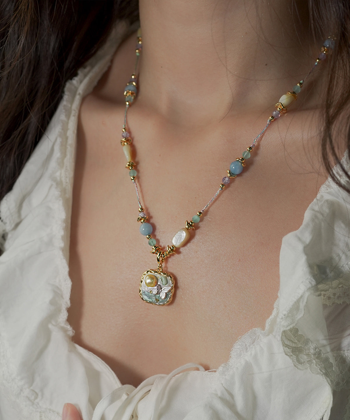 Collier pendentif asymétrique en alliage de perles arc-en-ciel rétro - Amawinc