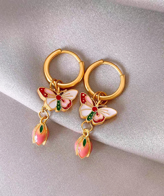 Boucles d'oreilles à tige rétro en alliage de cuivre et émail, motif papillon et fleurs arc-en-ciel - Amawinc