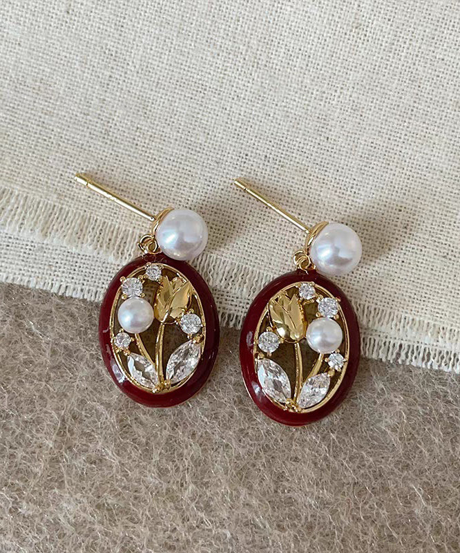 Boucles d'oreilles créoles tulipes rétro en alliage d'argent sterling rouge et zircon - Amawinc