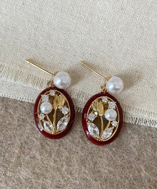 Boucles d'oreilles créoles tulipes rétro en alliage d'argent sterling rouge et zircon - Amawinc