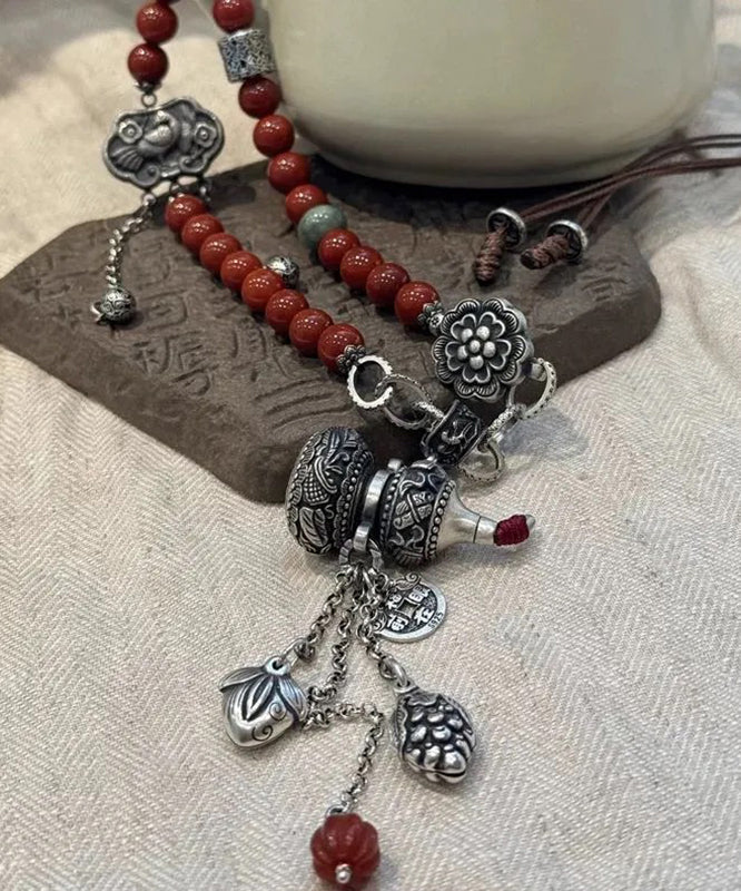 Collier rétro en argent sterling rouge avec pendentif à pampilles et cadenas Calabash Ruyi - Amawinc