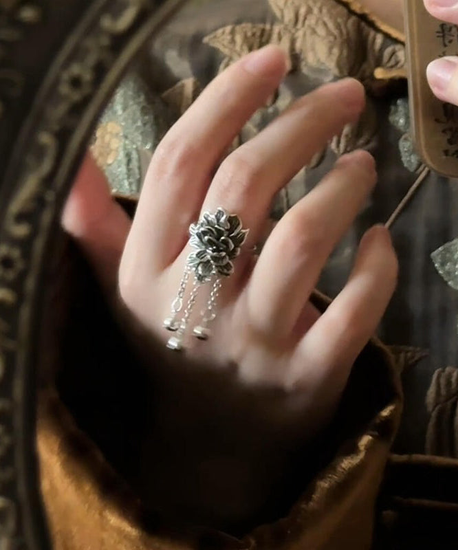 Bagues rétro en argent sterling avec pompon et pivoine en soie - Amawinc