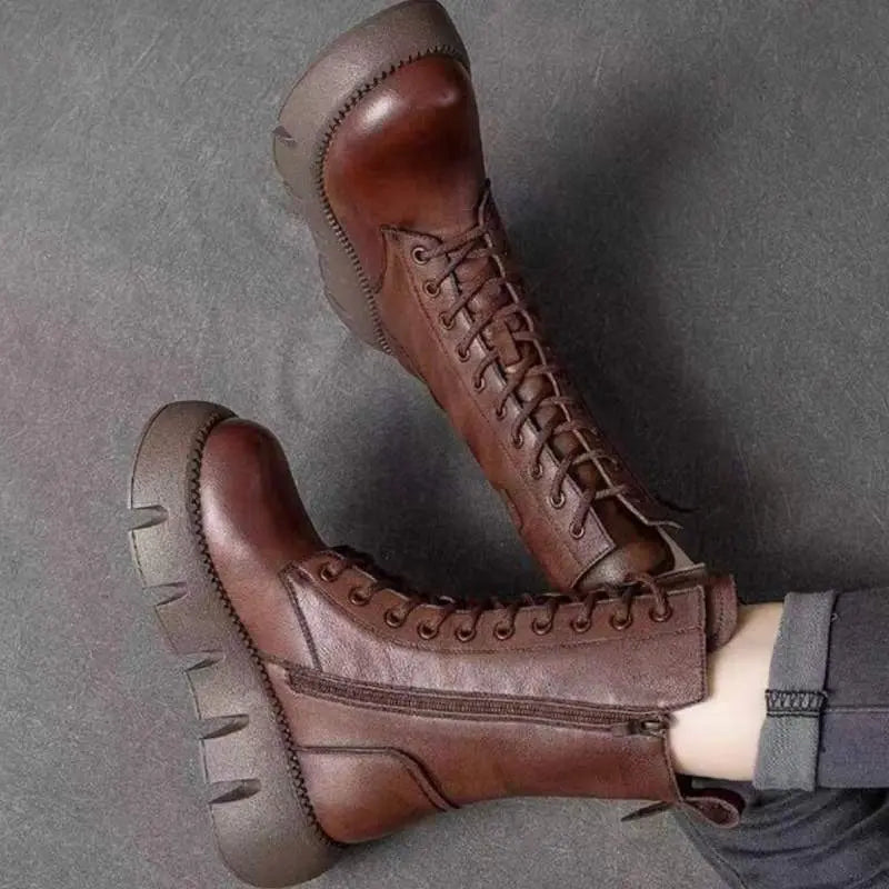 Bottes Hautes Style Rétro Pour Femmes Cuir Verni Semelle Robuste Talons Bas 1 À 3 Cm