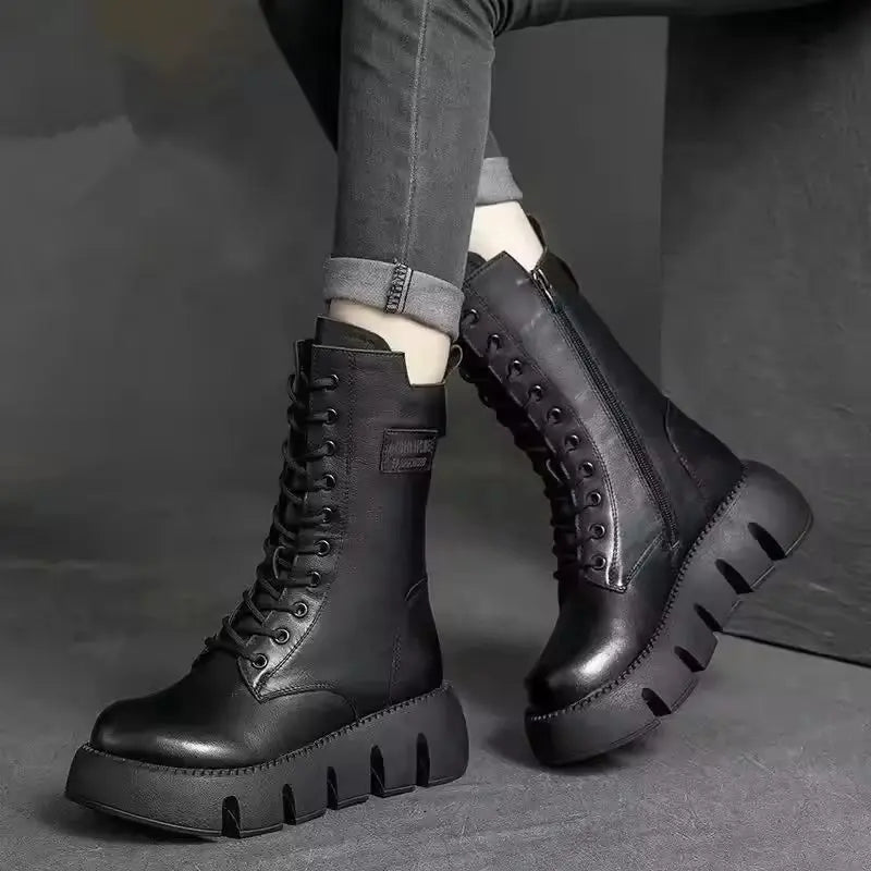 Bottes Hautes Style Rétro Pour Femmes Cuir Verni Semelle Robuste Talons Bas 1 À 3 Cm