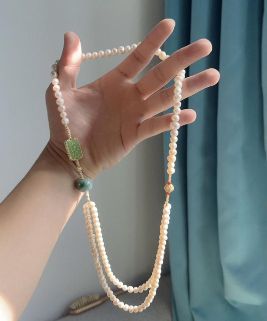Collier rétro en alliage blanc avec perles de jade et perles graduées - Amawinc
