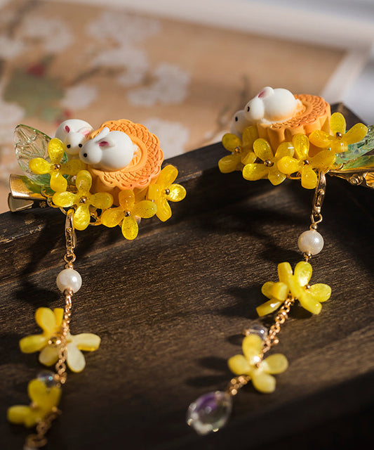 Épingle à cheveux rétro en cuivre jaune surdoré avec perle colorée en résine émaillée et pompon pour enfants - Amawinc