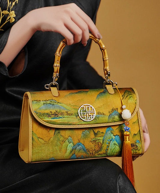 Sac fourre-tout en soie à imprimé jaune rétro décoré de pompons - Amawinc