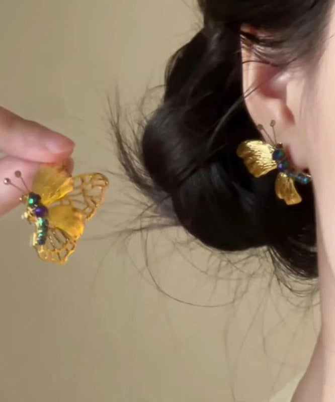 Boucles d'oreilles à tige rétro en argent sterling jaune avec perles papillon surdorées - Amawinc