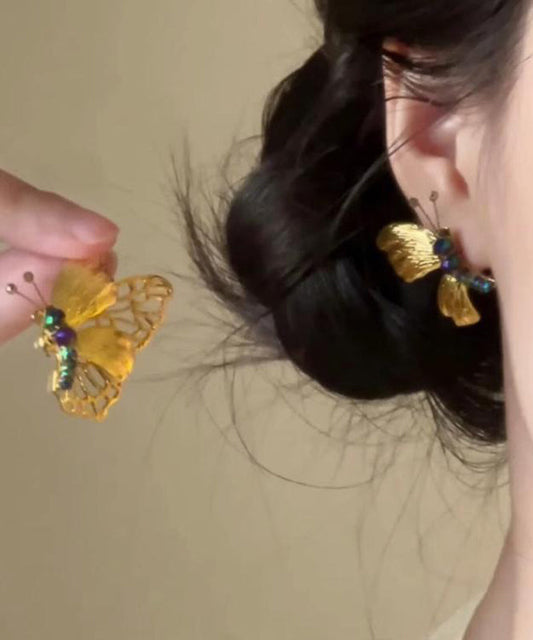 Boucles d'oreilles à tige rétro en argent sterling jaune avec perles papillon surdorées - Amawinc