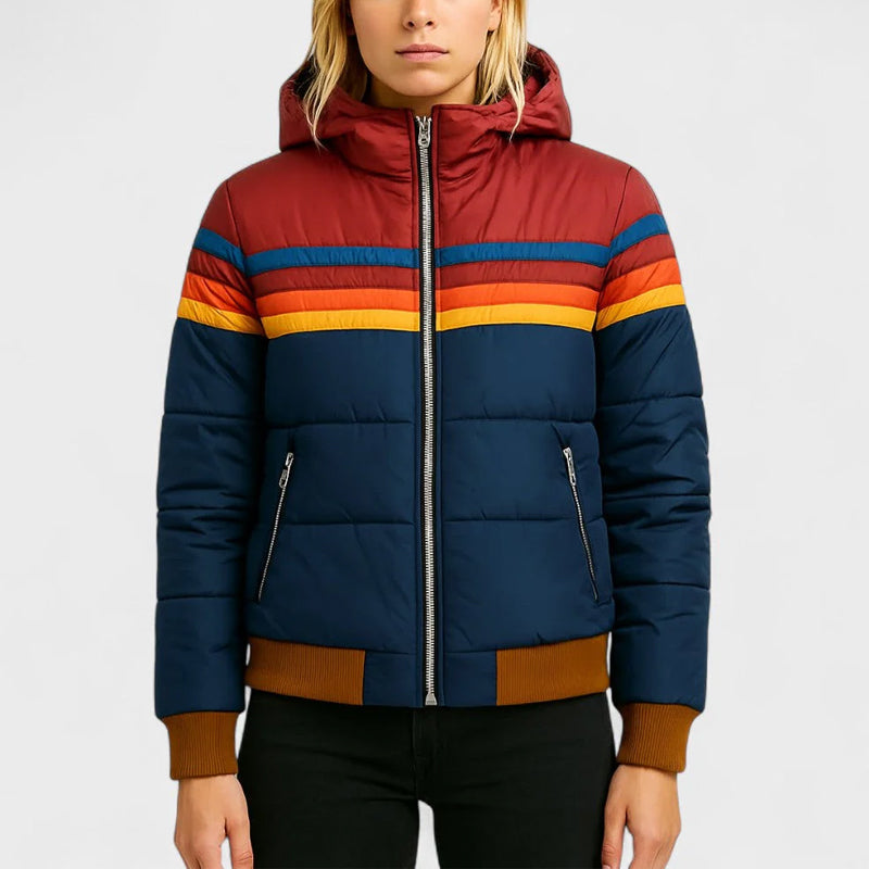 Doudoune Matelassée Capuche Bicolore Rétro Inspirée Style Chalet Ski Années 70 Pour Hiver