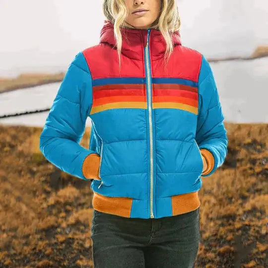 Veste Rétro Pour Femme Chaude À Motifs Bloc De Couleurs Doudoune Matelassée Élégante Pour Toutes Saisons