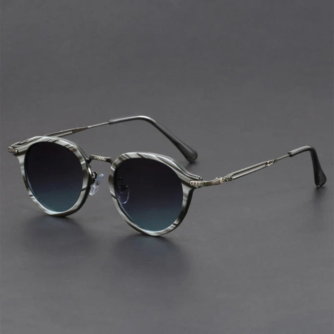 Lunettes de Soleil Rondes Rétro en Métal Texturé avec Branches Contrastées UV400 Légères