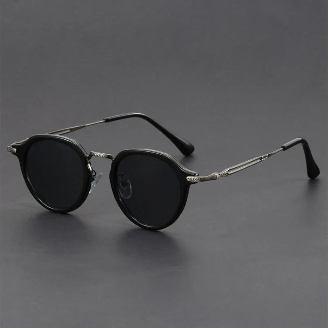 Lunettes de Soleil Rondes Rétro en Métal Texturé avec Branches Contrastées UV400 Légères