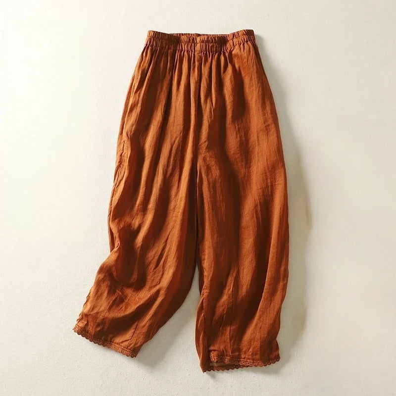 Pantalon Court En Lin Mélangé Rhea Avec Taille Élastique Et Drapé Doux Pour Style Décontracté