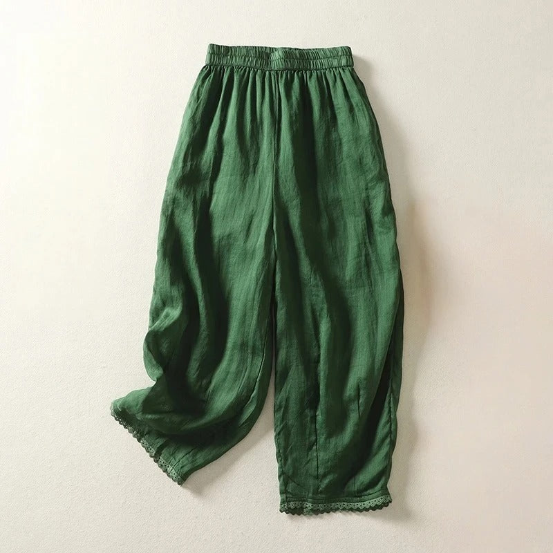 Pantalon Court En Lin Mélangé Rhea Avec Taille Élastique Et Drapé Doux Pour Style Décontracté