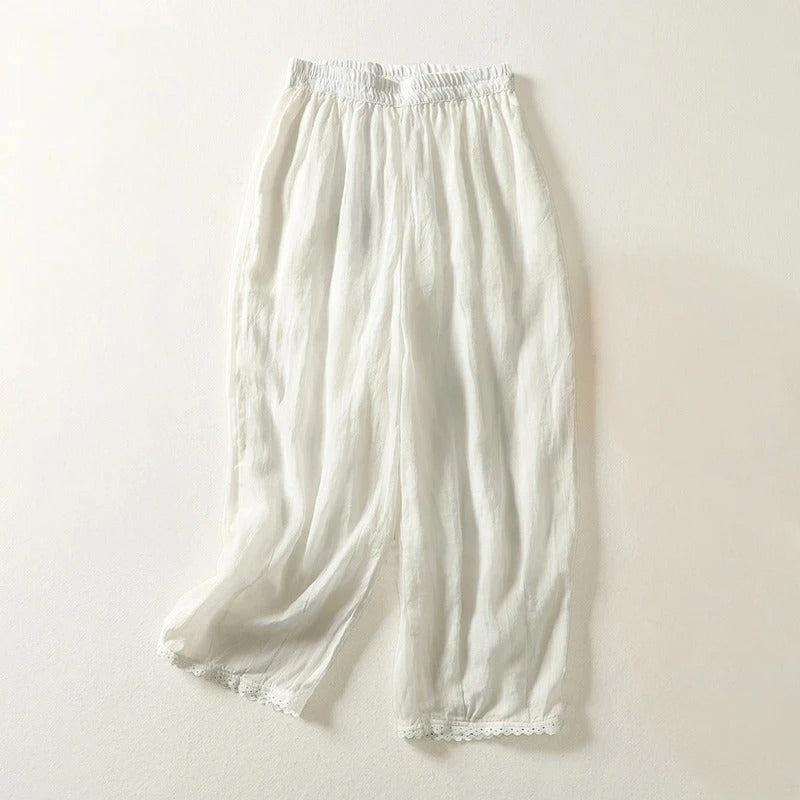 Pantalon Court En Lin Mélangé Rhea Avec Taille Élastique Et Drapé Doux Pour Style Décontracté