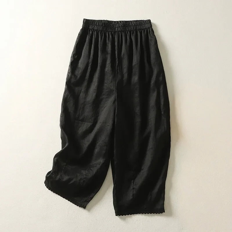 Pantalon Court En Lin Mélangé Rhea Avec Taille Élastique Et Drapé Doux Pour Style Décontracté