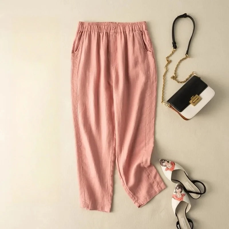 Rhea Pantalon Lin Mélangé À Jambe Fuselée Avec Drape Décontracté Et Ceinture Élastique À Bouton Discret