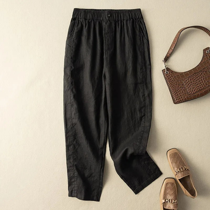 Rhea Pantalon Lin Mélangé À Jambe Fuselée Avec Drape Décontracté Et Ceinture Élastique À Bouton Discret