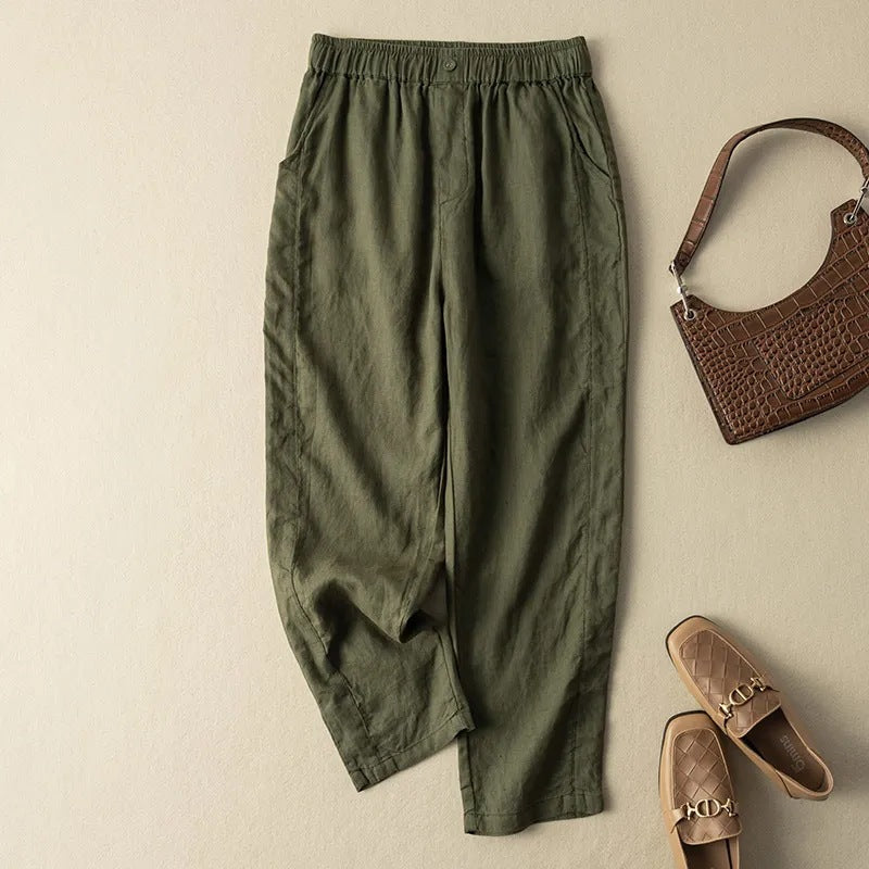 Rhea Pantalon Lin Mélangé À Jambe Fuselée Avec Drape Décontracté Et Ceinture Élastique À Bouton Discret