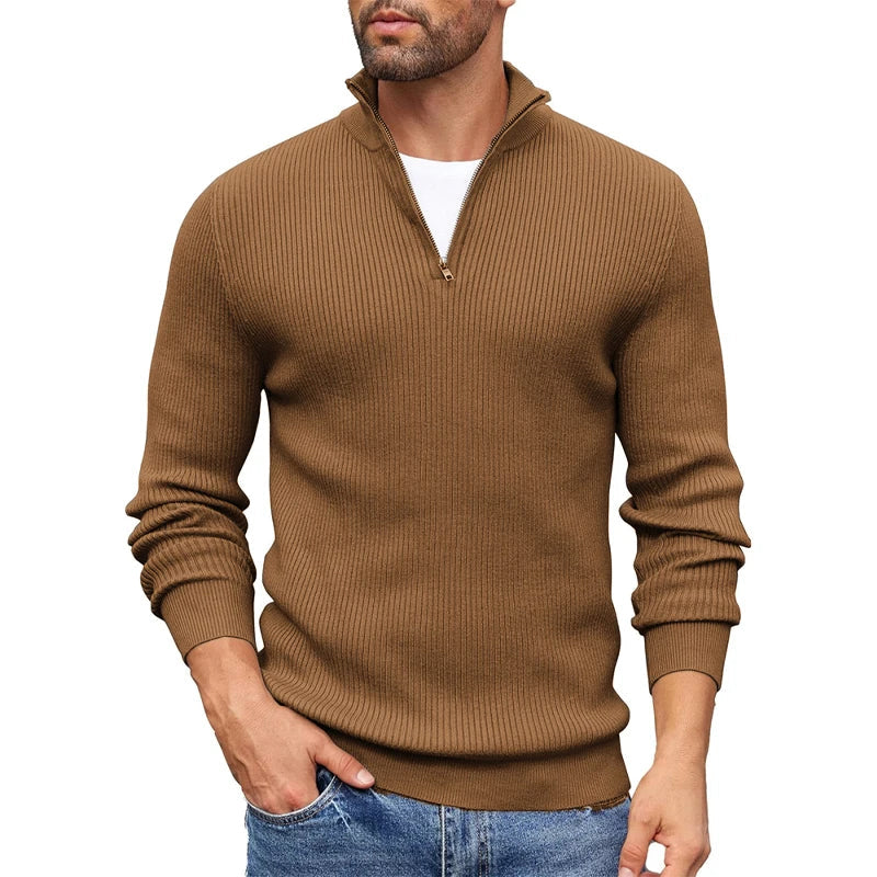 Pull Homme En Maille Côtelée Col Zip Demi Slim Fit Chaud Et Polyvalent Amawinc Quotidien