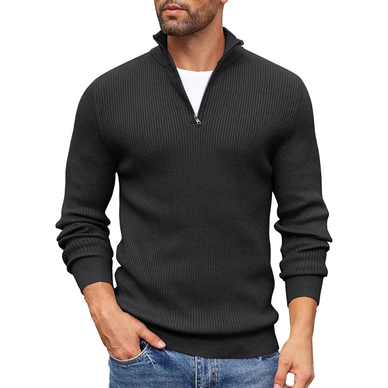 Pull Homme En Maille Côtelée Col Zip Demi Slim Fit Chaud Et Polyvalent Amawinc Quotidien