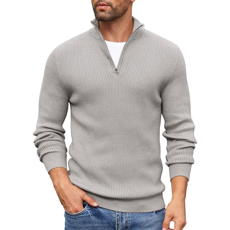 Pull Homme En Maille Côtelée Col Zip Demi Slim Fit Chaud Et Polyvalent Amawinc Quotidien
