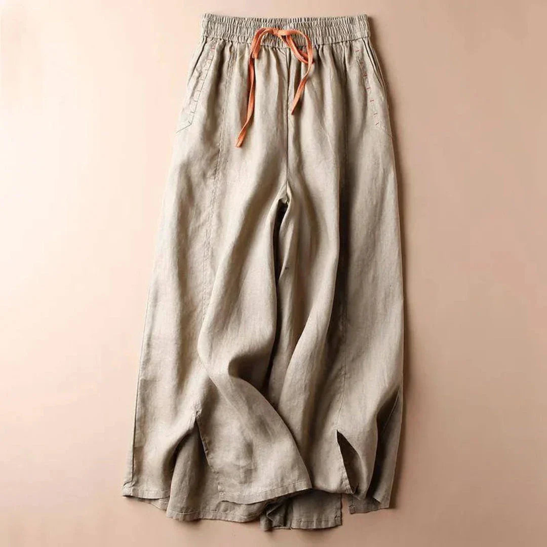 Pantalon Large En Lin À Cordon Avec Taille Élastique Et Détail Latéral Couture Décontracté Raffiné
