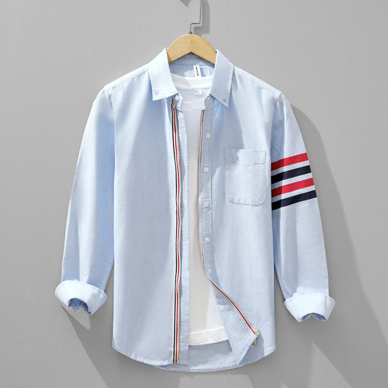 Chemise Rivan à Rayures Contrastées en Lin Léger et Passepoil à Boutons Contrastants