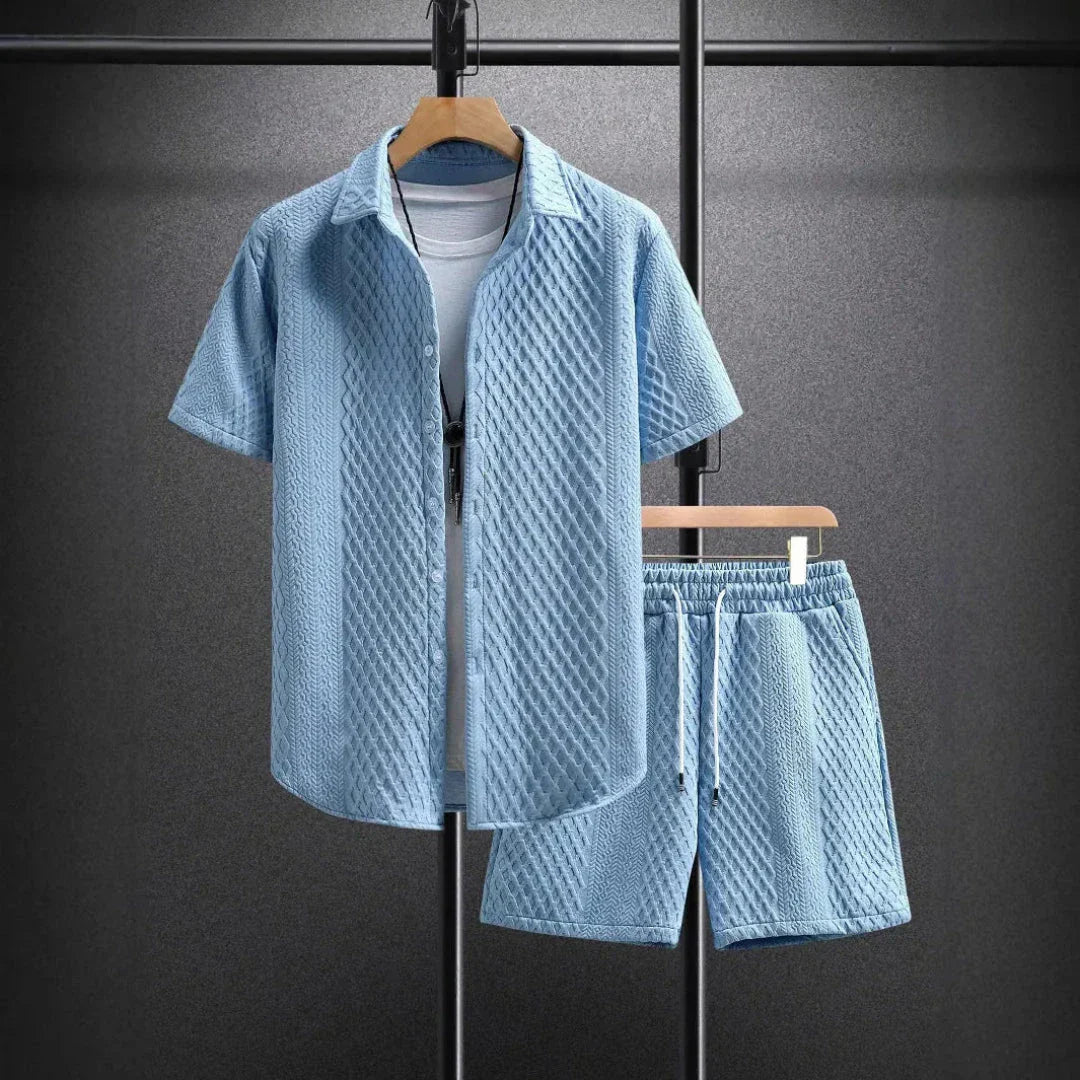 Ensemble Été Décontracté Pour Homme Chemise Texturée À Manches Courtes Et Shorts À Cordon Respirant Idéal Plage