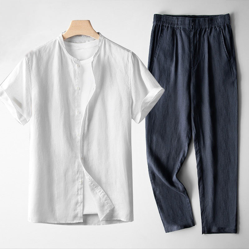 Ensemble Roberto Russo Abruzzo Attire Avec Chemise À Col Mandarin À Manches Courtes Et Pantalon Bleu Nuit Ajusté