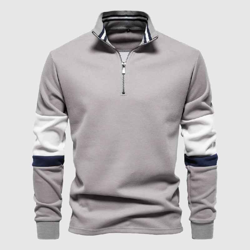 Roberto Russo Pull Patchwork Décontracté Avec Col Montant Et Zip Quart Rayures Contrastées Aux Manches