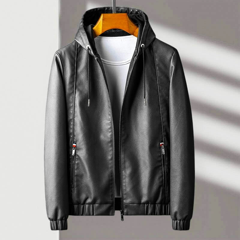 Veste À Capuche Homme Look Faux Cuir Zip Complet Poches Zippées Coupe Regular Pour Activités Extérieures