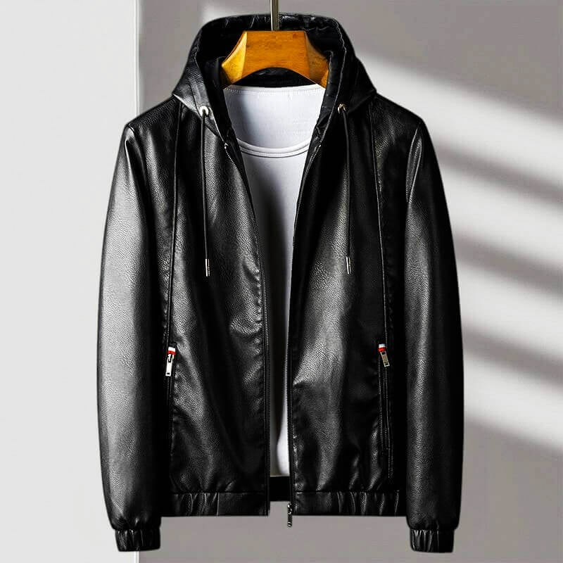 Veste À Capuche Homme Look Faux Cuir Zip Complet Poches Zippées Coupe Regular Pour Activités Extérieures