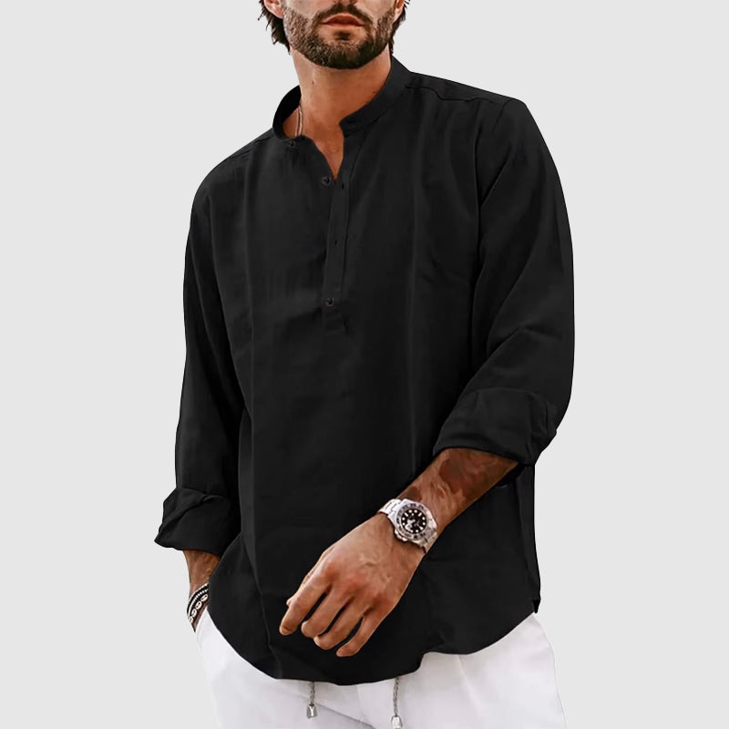Chemise Henley Homme Coupe Décontractée Col Mao Manches Longues Mélange De Fibres Naturelles Respirantes