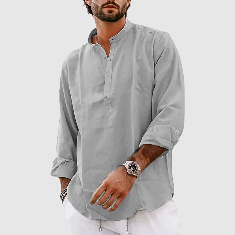 Chemise En Lin Pour Homme Henley Col Montant Manches Longues Décontractée Pour L'Été