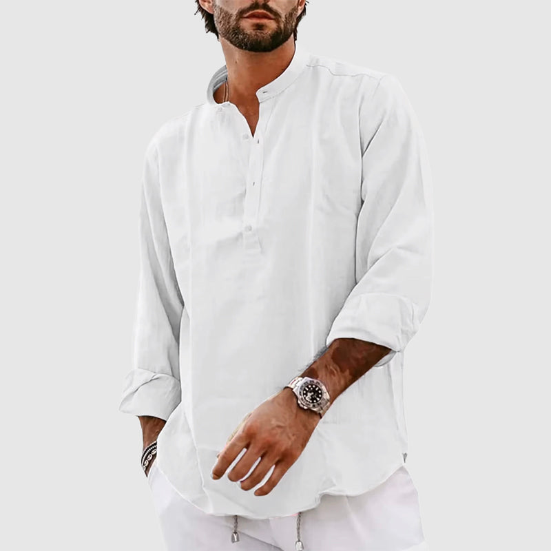 Chemise En Lin Pour Homme Henley Col Montant Manches Longues Décontractée Pour L'Été