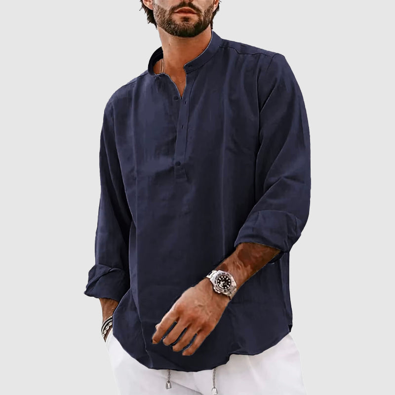Chemise Henley Homme Coupe Décontractée Col Mao Manches Longues Mélange De Fibres Naturelles Respirantes