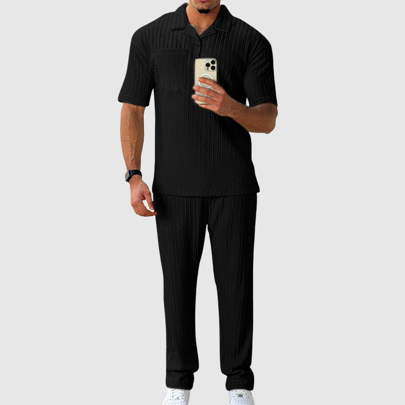 Ensemble Deux Pièces Roberto Russo Sommariva Décontracté Polo À Col Notch Pantalon Maille Texturée Léger Respirant