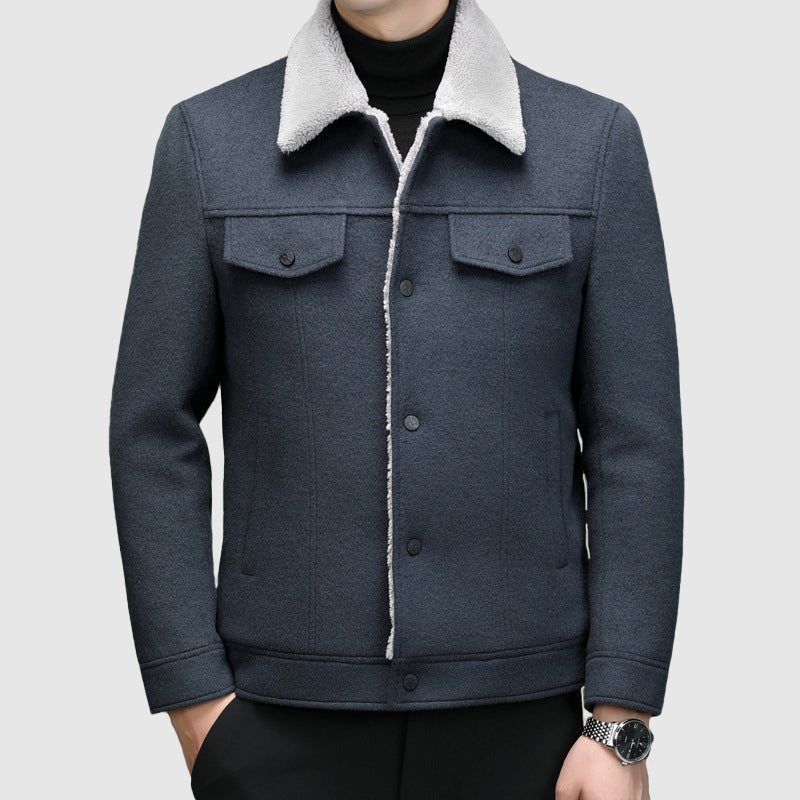 Veste Homme en Laine Avec Doublure Sherpa et Col En Polaire Pelucheux Coupe Regular Boutons Devant