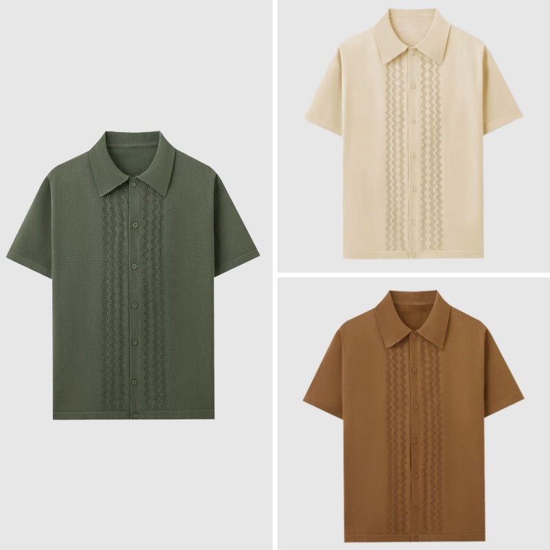 Chemise Tricotée D'Été Roberto Russo Motif Géométrique Manches Courtes Col Déployé
