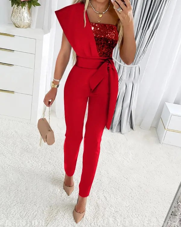 Savannah Combinaison À Une Épaule Avec Sequins Brillants Silhouette Structurée Confort Moderne Pour Fêtes