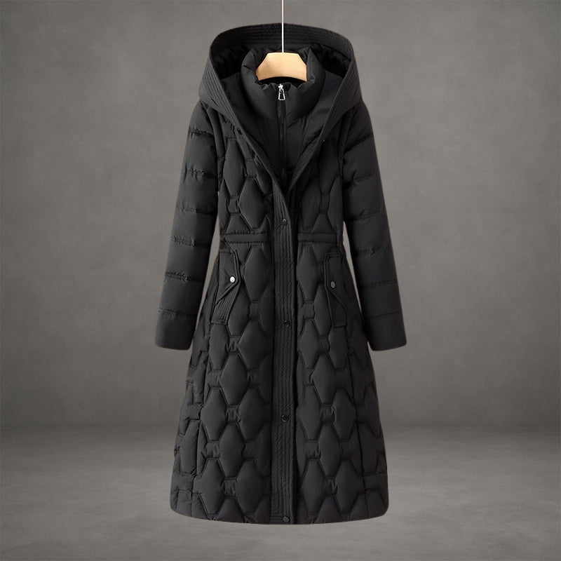 Manteau Longiligne À Capuche En Doudoune Duvet Motif Diamant Matelassé Coupe Structurée Pour Ville Et Hiver