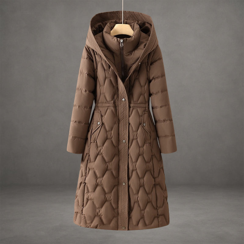Manteau Longiligne À Capuche En Doudoune Duvet Motif Diamant Matelassé Coupe Structurée Pour Ville Et Hiver