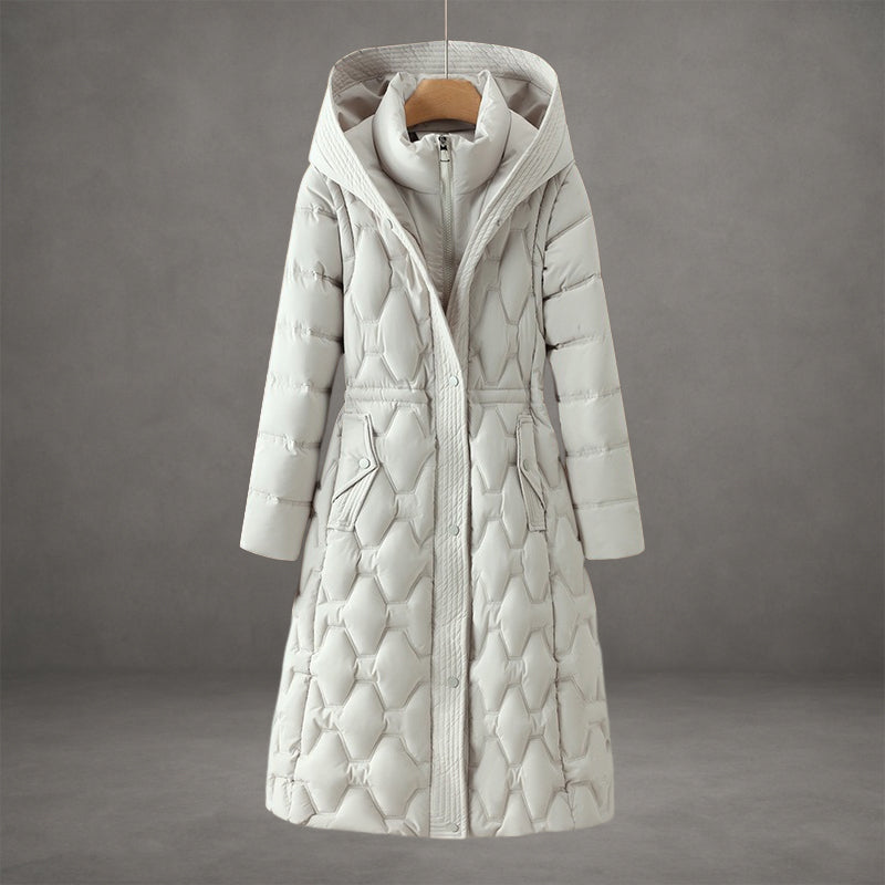 Manteau Longiligne À Capuche En Doudoune Duvet Motif Diamant Matelassé Coupe Structurée Pour Ville Et Hiver