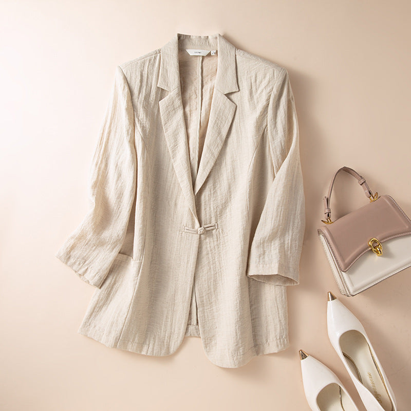 Veste Blazer En Lin Wrap Rowan Pour Femme Avec Boucle En Tissu Manches Trois Quarts Style Décontracté