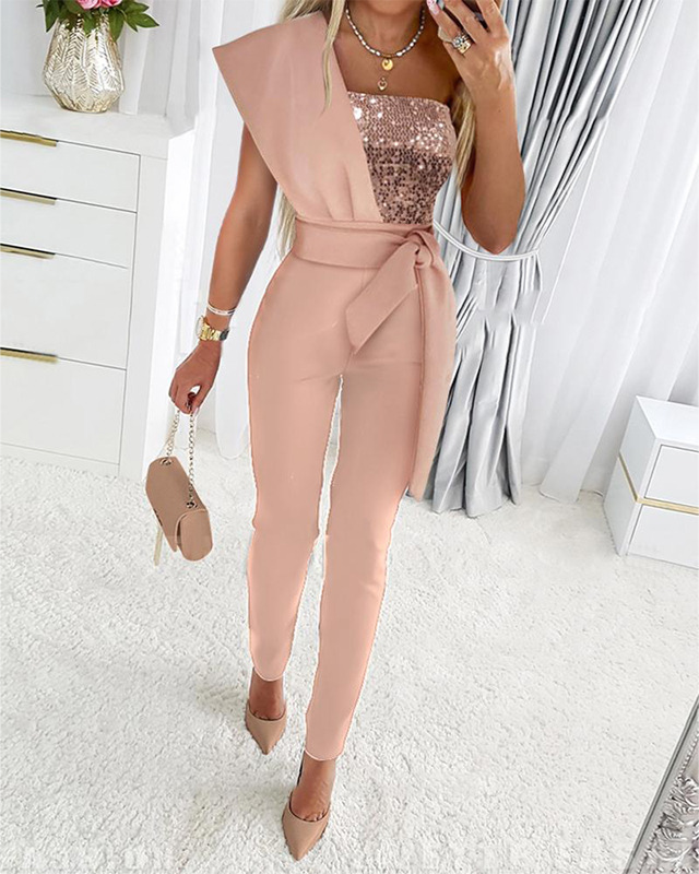 Savannah Combinaison À Une Épaule Avec Sequins Brillants Silhouette Structurée Confort Moderne Pour Fêtes