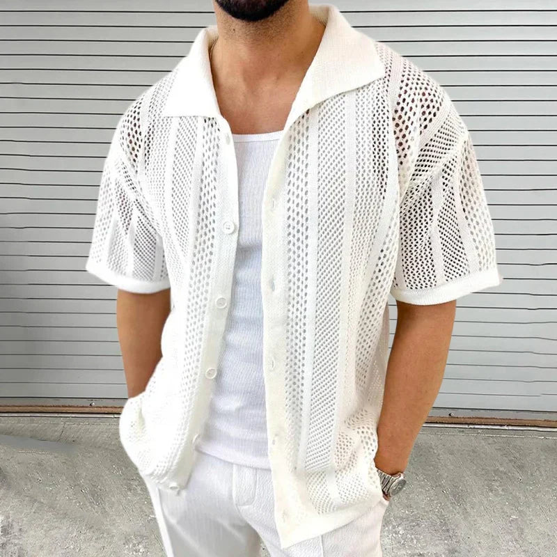 Hampton Chemise Tricotée Ajourée Vintage Respirante En Mélange De Coton Avec Fermeture Par Boutons Avant